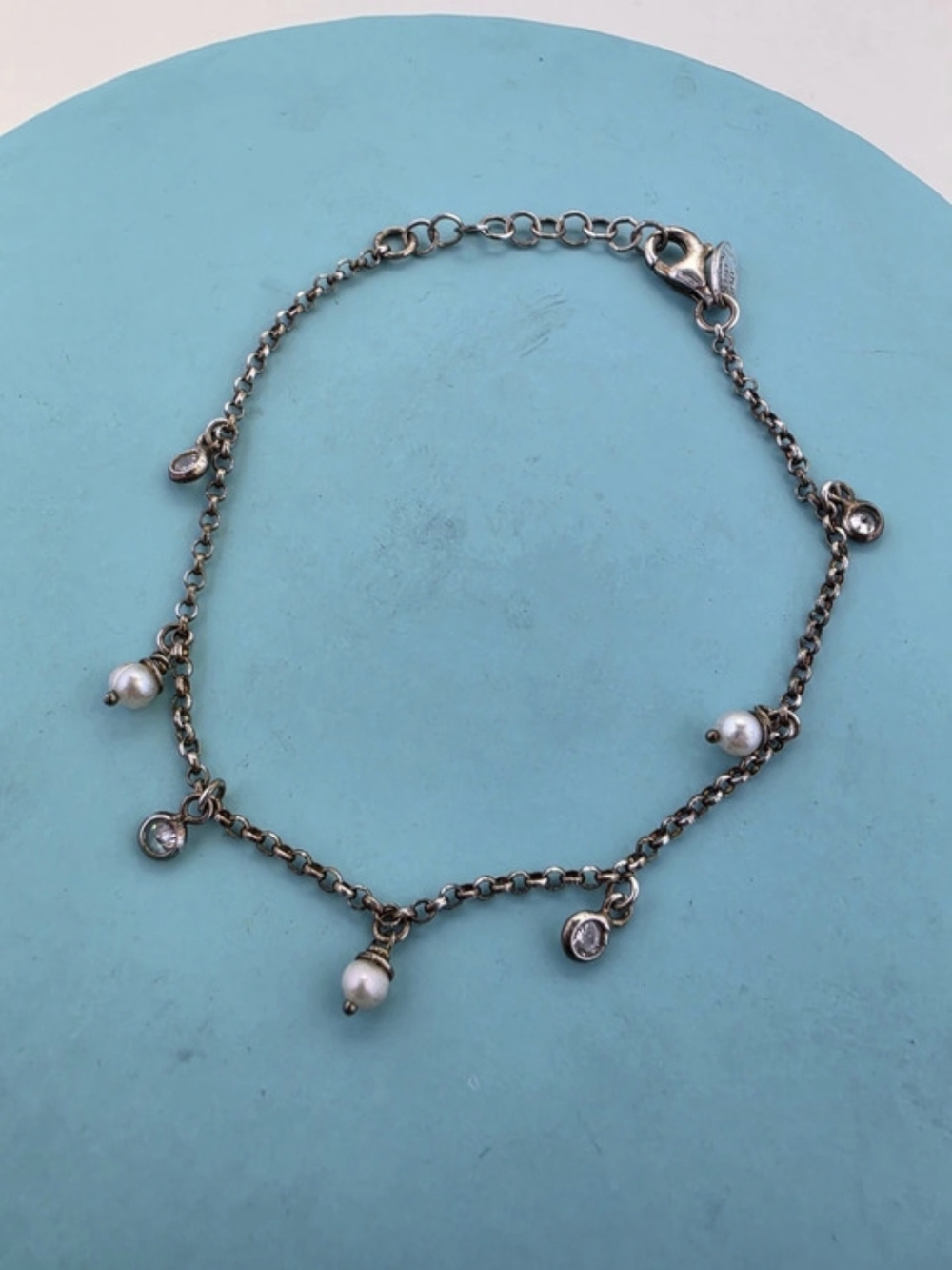 ✨ Sterling Silver Dangle Charm Bracelet – Pearl & CZ Accents ✨